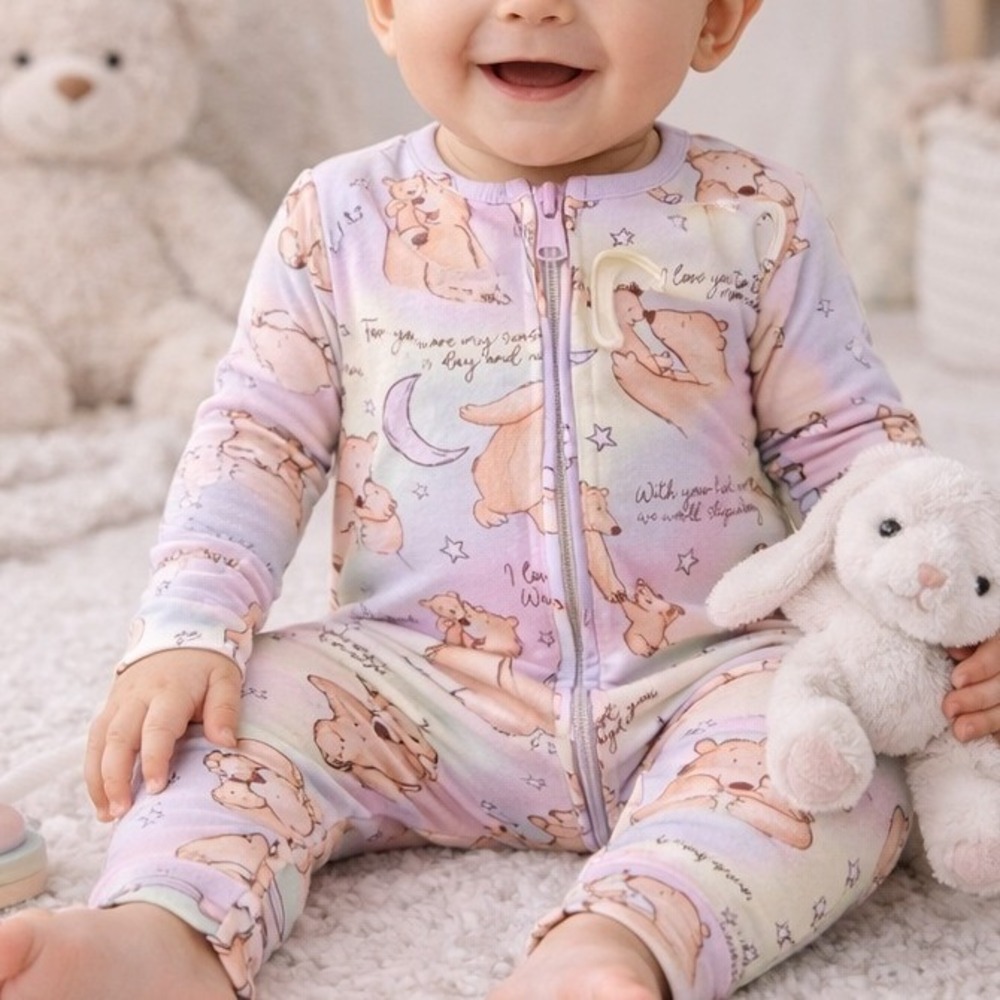 CoZCo Bamboo 6-12M Bear Moon Rainbow Zippy Dual Zipper Romper Sleeper One Piece